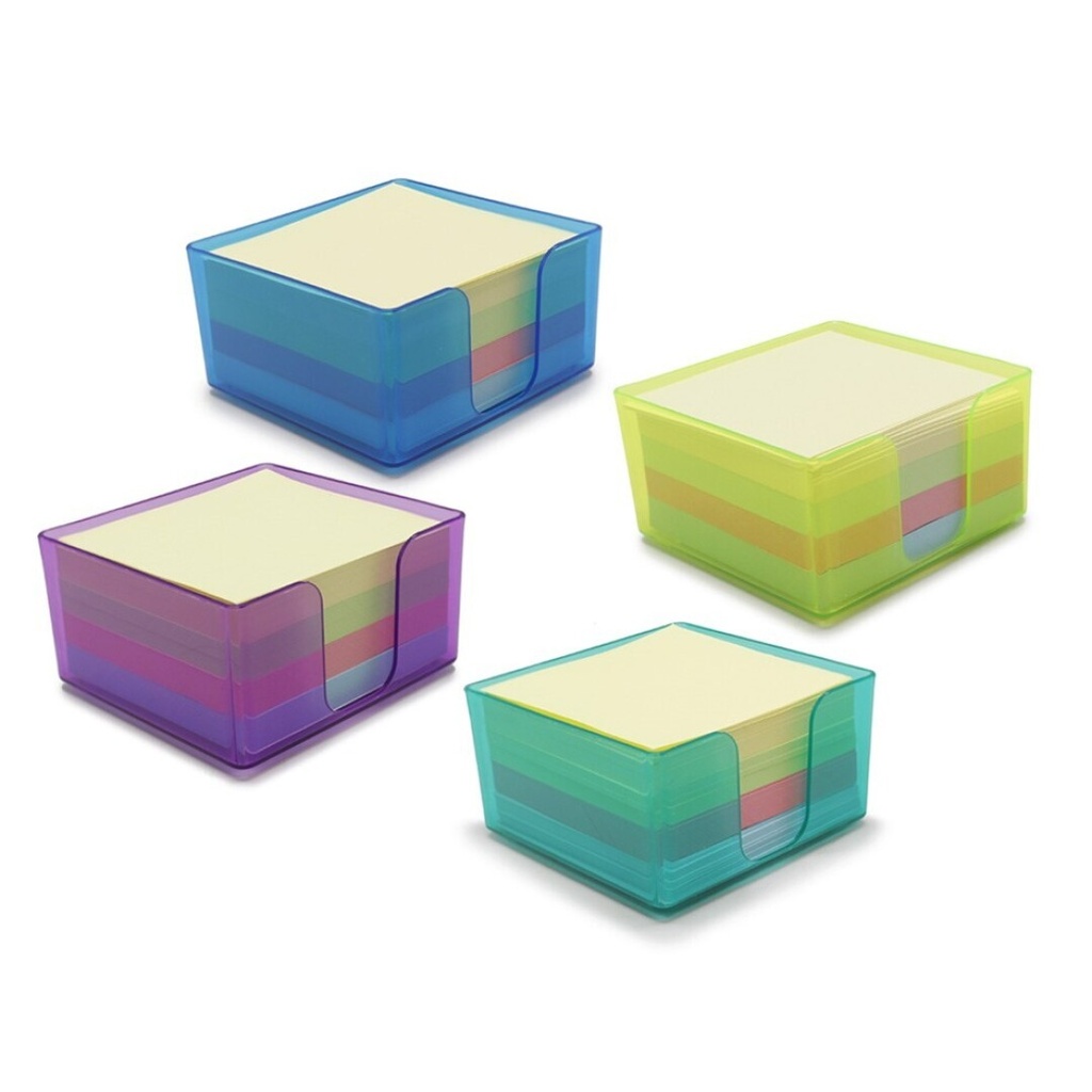 TACO DE NOTAS 400 HOJAS PASTEL 75x75 MM – CAJA PVC 4 COLORES SURTIDOS