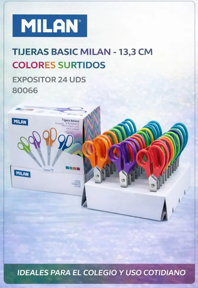 TIJERAS BASIC MILAN 13,3CM COLORES SURTIDOS EXPOSITOR 24UDS
