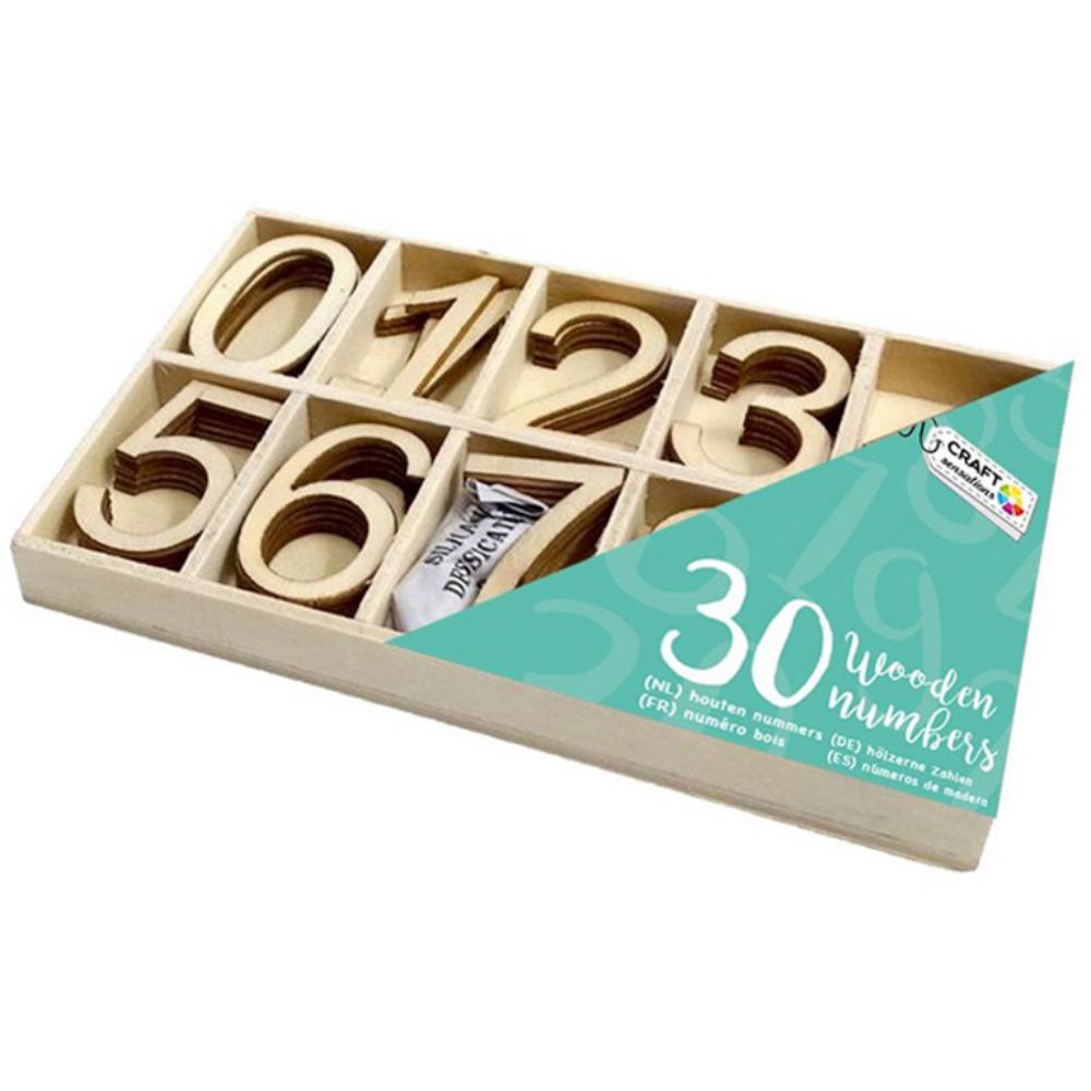 RMS NÚMEROS DE MADERA CRAFT SENSATIONS – SET 30 PIEZAS – DECORACIÓN DIY Y MANUALIDADES – 0 AL 9 (3 UNIDADES CADA NÚMERO)