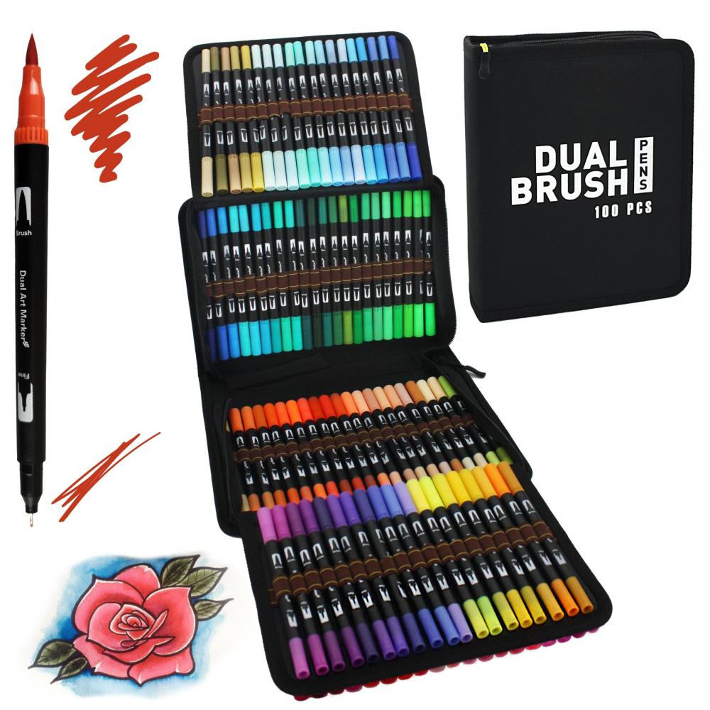 ROTULADORES LETTERING DOBLE PUNTA RAYLU PAPER | PACK 100 BRUSH PEN COLORES VIVOS | PUNTA PINCEL + PUNTA FINA PARA CALIGRAFÍA, DIBUJO Y MANUALIDADES