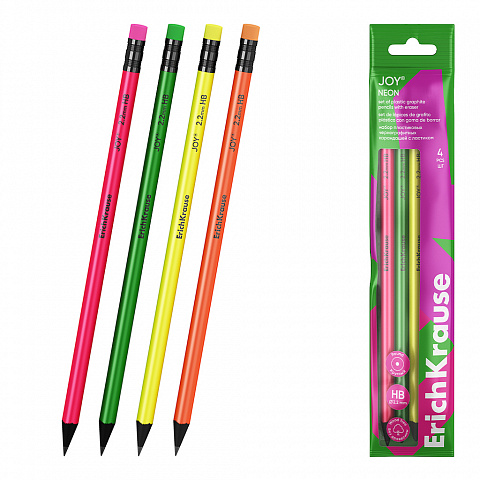 LÁPICES HB ERICHKRAUSE JOY® NEON – REDONDOS CON GOMA – POLYBOLSA 4 UDS