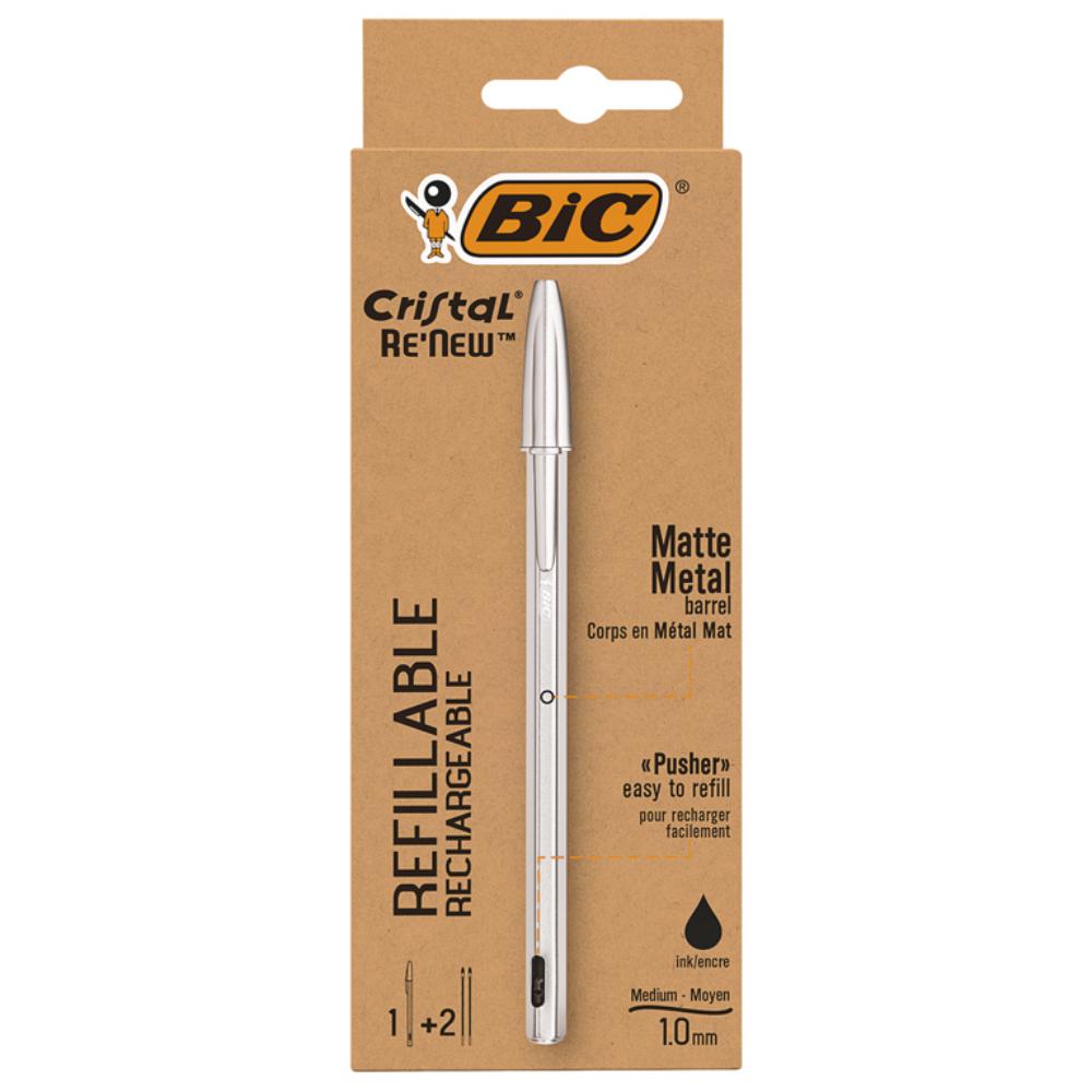 BOLÍGRAFO BIC CRISTAL RE’NEW NEGRO BLÍSTER 1 UD + 2 RECAMBIOS