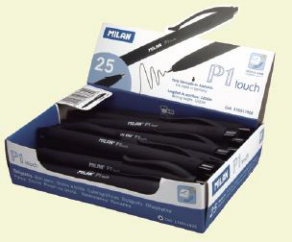 BOLÍGRAFO MILAN P1 TOUCH NEGRO · PUNTERO TÁCTIL · PUNTA 1,0 MM · EXPOSITOR 25 UDS