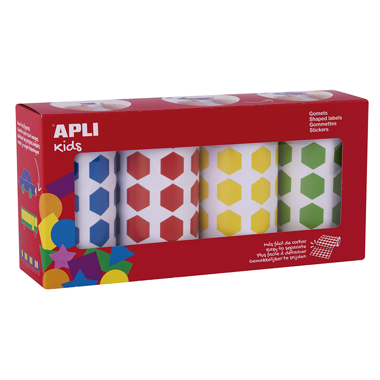 GOMETS APLI HEXÁGONOS 20 MM – AZUL, ROJO, AMARILLO Y VERDE (4 ROLLOS)