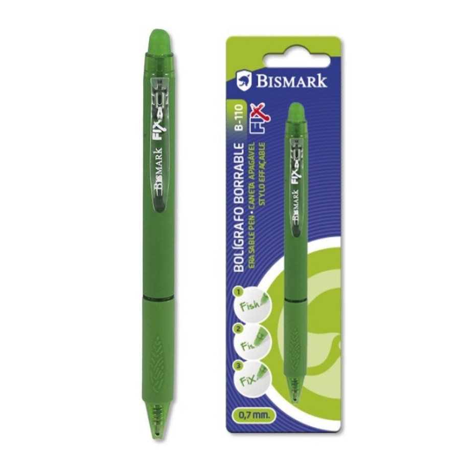 BOLÍGRAFO BORRABLE VERDE · TINTA GEL BORRABLE · TRAZO 0,7 MM · CLIC RETRÁCTIL · GRIP