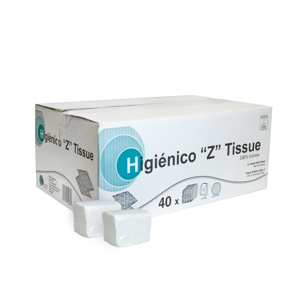 PAPEL HIGIÉNICO EN Z · 2 CAPAS · CAJA 40 PAQUETES × 200 SERVICIOS (8.000 HOJAS)