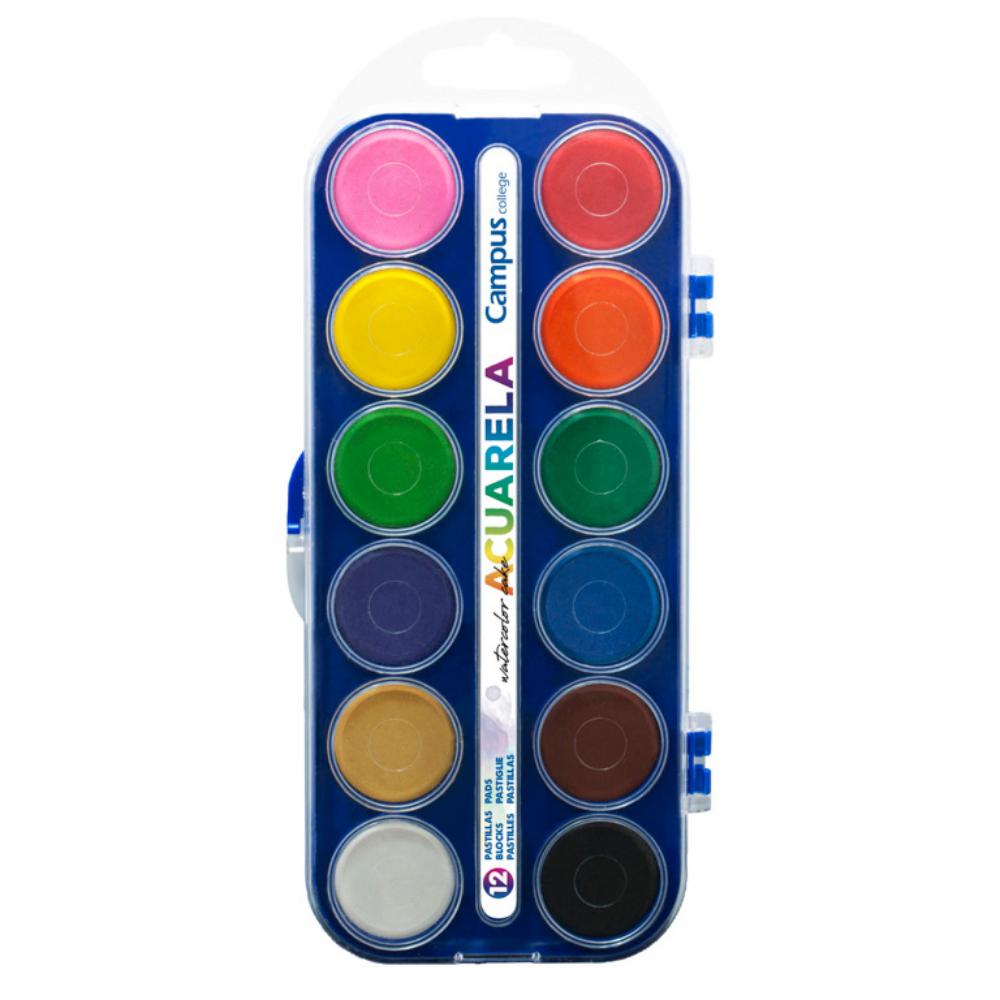 ACUARELA CAMPUS 12 PASTILLAS 22 MM – ESTUCHE TRANSPARENTE – CAMPUS COLLEGE