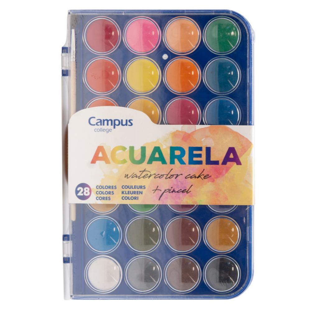 ACUARELA CAMPUS 28 PASTILLAS 30 MM – ESTUCHE TRANSPARENTE – CAMPUS COLLEGE