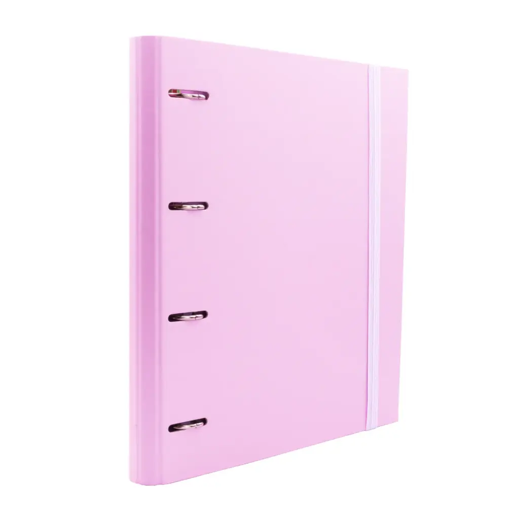 CARPEBLOCK 4 ANILLAS RAYLU PAPER® A4  ROSA PASTEL · ANILLAS Ø30 MM · LOMO 60 MM · 100 HOJAS 90 g 4×4 · 5 SEPARADORES · CIERRE ELÁSTICO · SISTEMA RADO