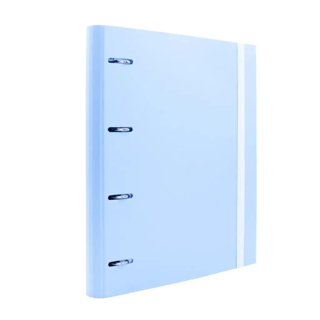 CARPEBLOCK 4 ANILLAS RAYLU PAPER® A4 AZUL PASTEL· ANILLAS Ø30 MM · LOMO 60 MM · 100 HOJAS 90 g 4×4 · 5 SEPARADORES · CIERRE ELÁSTICO · SISTEMA RADO