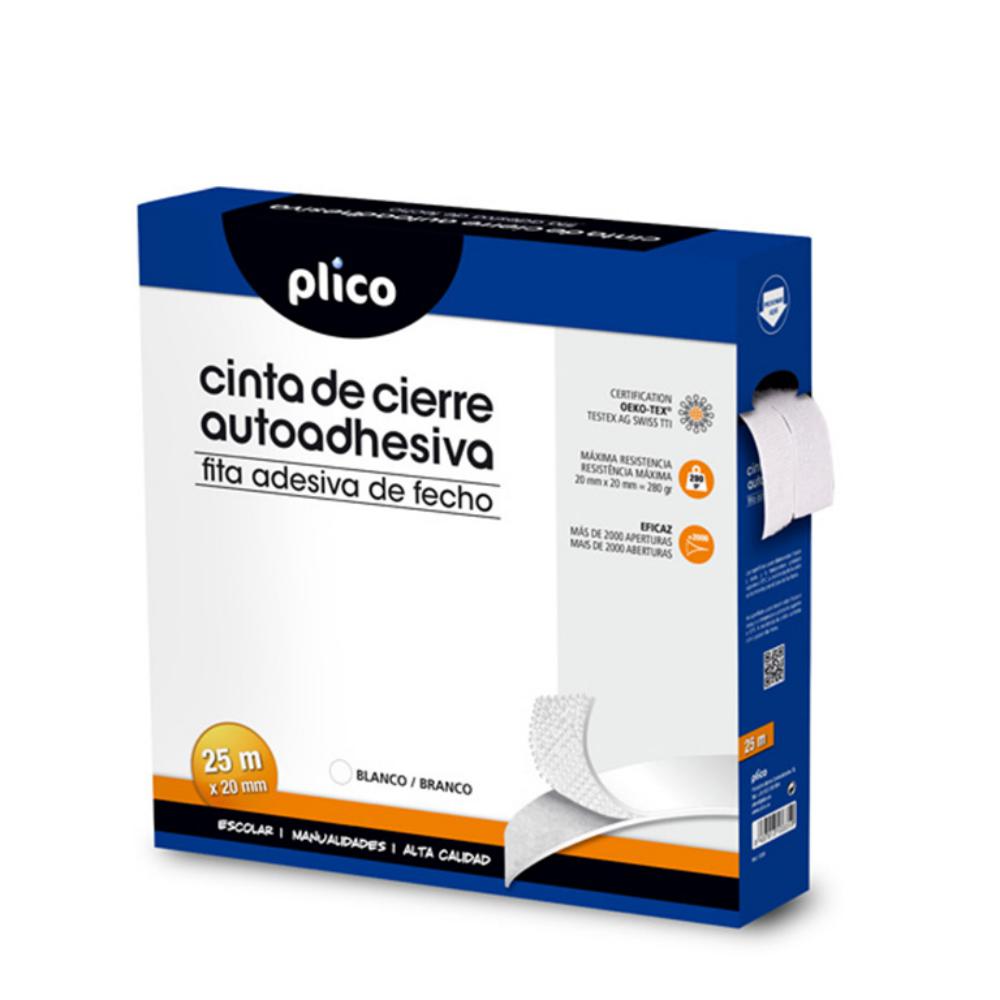 CIERRE TEXTIL ADHESIVO (VELCRO) PLICO 20 MM × 25 M – BLANCO (SET MACHO + HEMBRA)