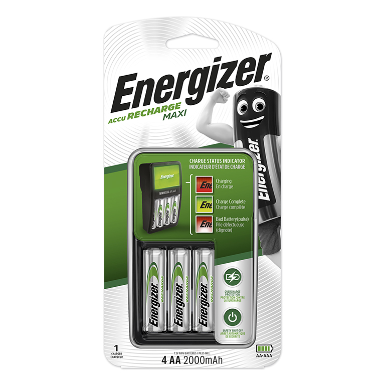 CARGADOR DE PILAS ENERGIZER MAXI AA/AAA + 4 PILAS AA · INDICADOR LED · AUTO-OFF 11 H · RED