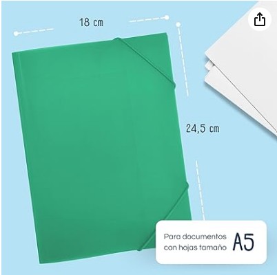 CARPETA RAYLU PAPER A5 CON GOMAS Y SOLAPAS VERDE · PP 100% RECICLABLE · LOMO 4 CM APROX. · CAPACIDAD 50 HOJAS