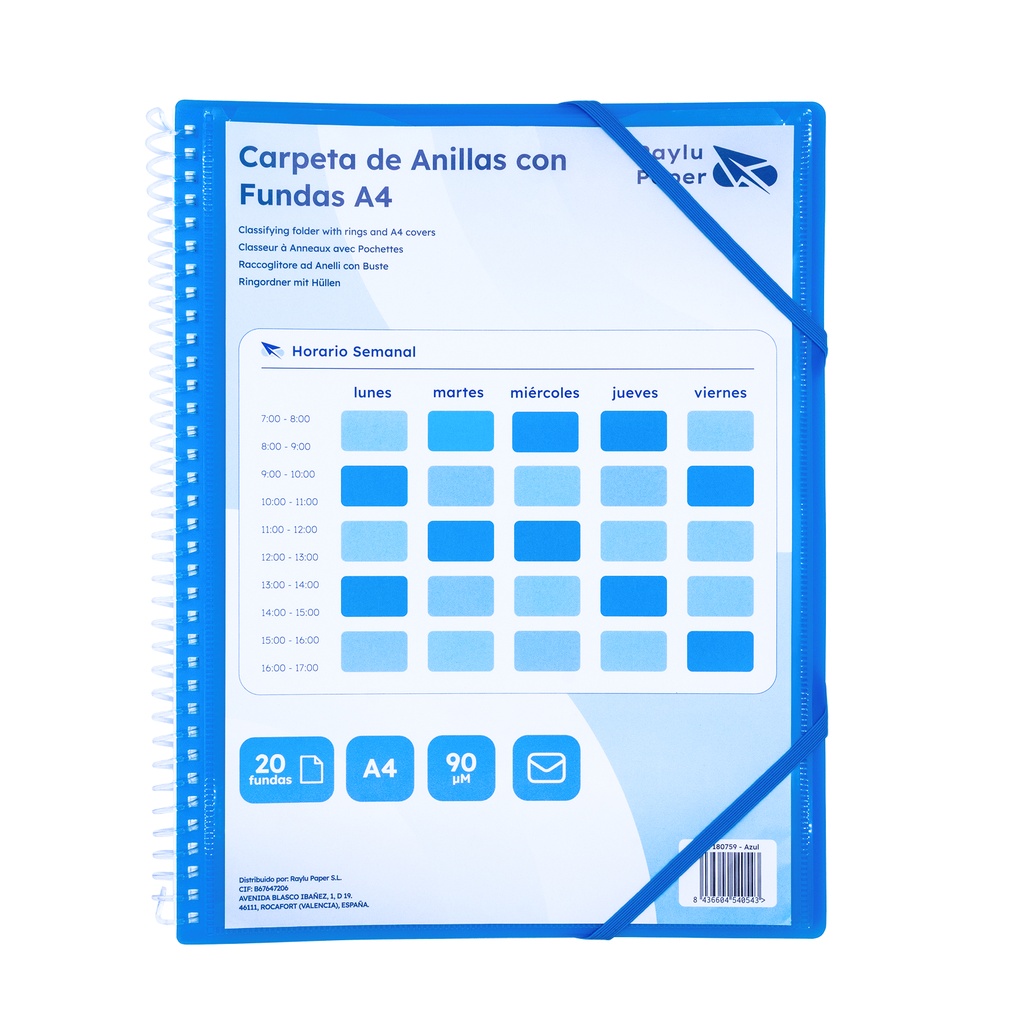 CARPETA RAYLU PAPER ESPIRAL 20 FUNDAS A4 (AZUL) · FUNDAS CRISTAL 90 µm · ANILLAS/ESPIRAL IRROMPIBLES · CIERRE ELÁSTICO · GIRO 360º