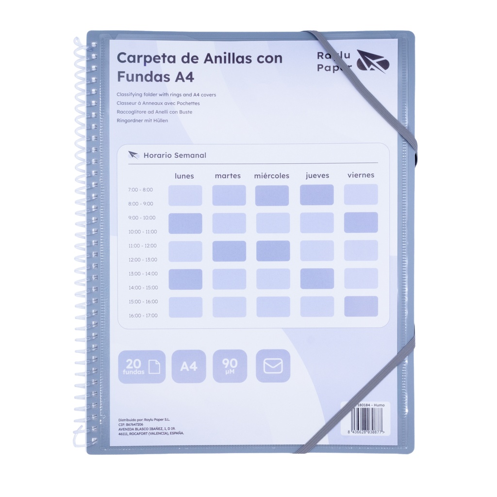 CARPETA PP RAYLU PAPER ESPIRAL 20 FUNDAS A4 HUMO PORTADA PERSONALIZABLE