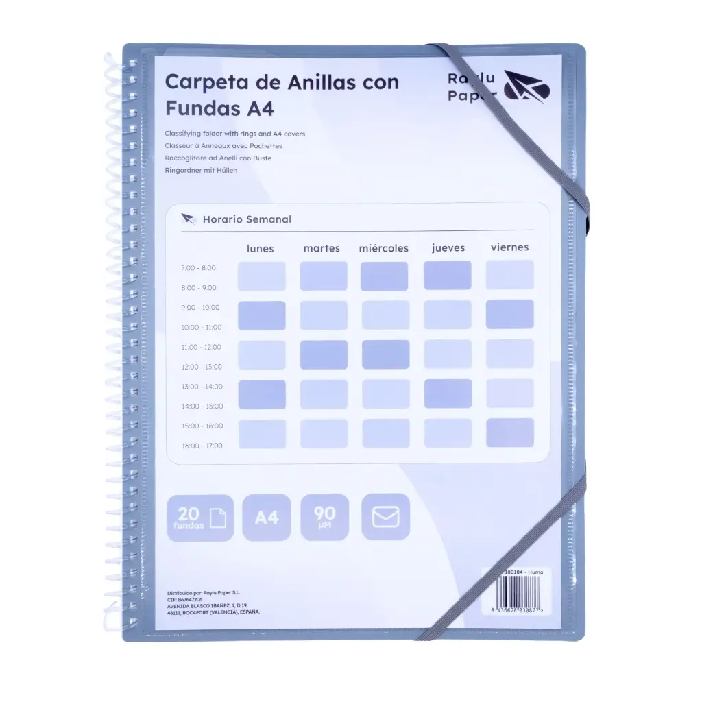 CARPETA PP RAYLU PAPER ESPIRAL 20 FUNDAS A4 HUMO PORTADA PERSONALIZABLE