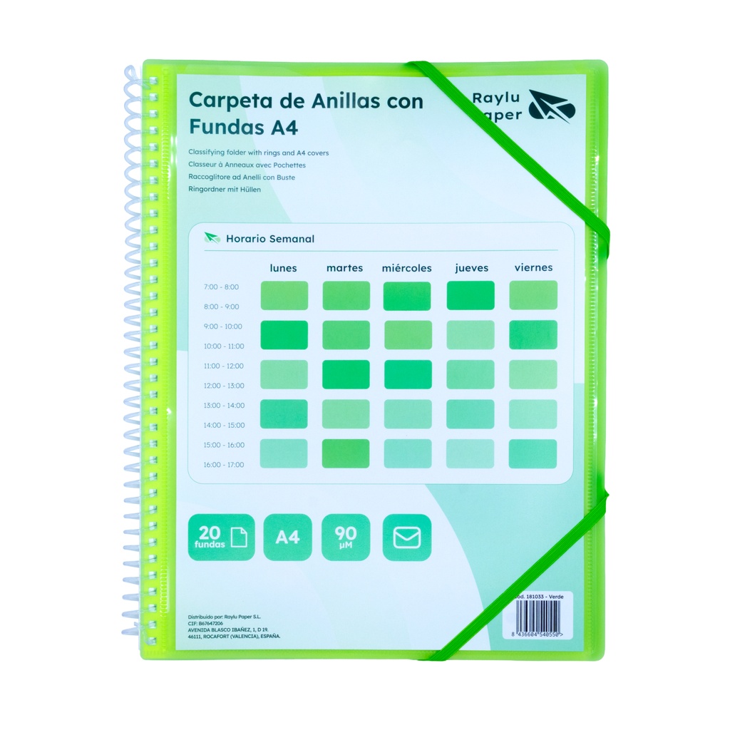 CARPETA PP RAYLU PAPER ESPIRAL 20 FUNDAS A4 VERDE PORTADA PERSONALIZABLE