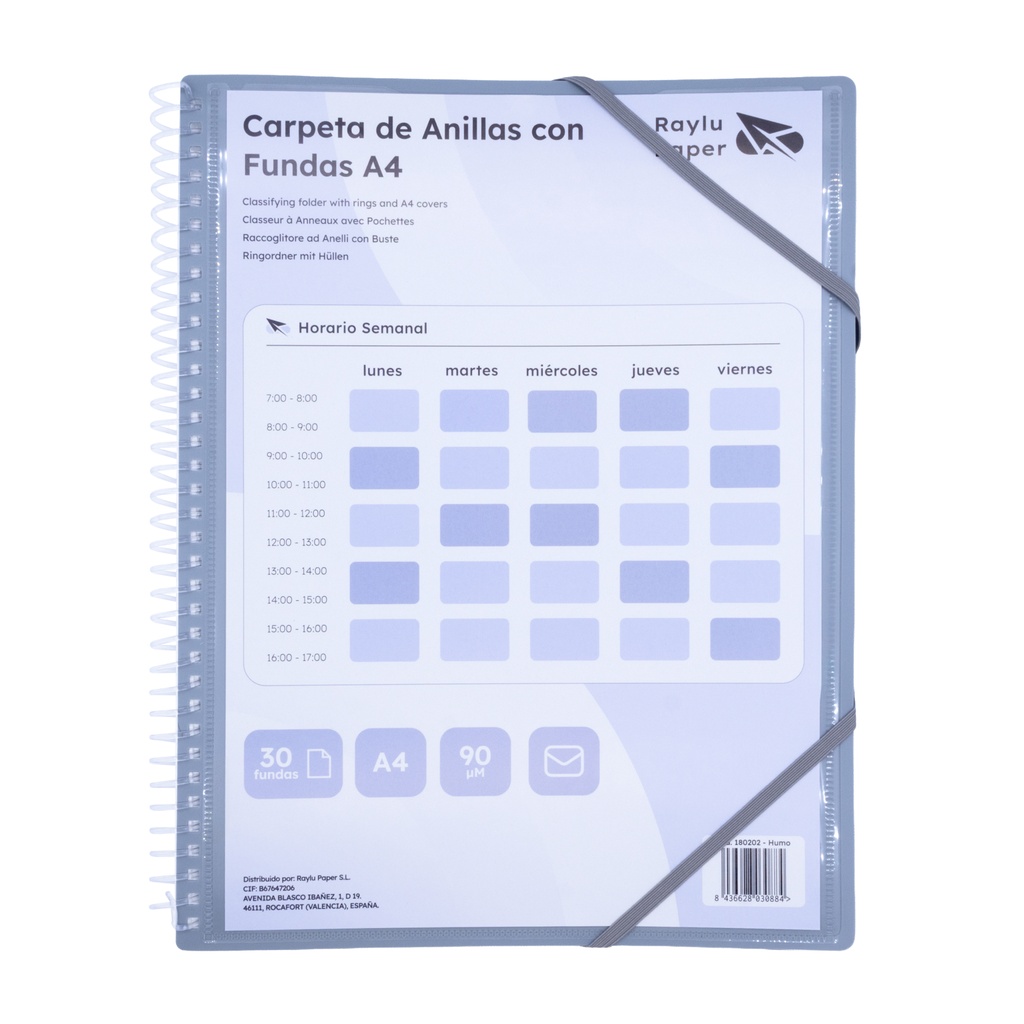 CARPETA PP RAYLU PAPER ESPIRAL 30 FUNDAS A4 HUMO PORTADA PERSONALIZABLE
