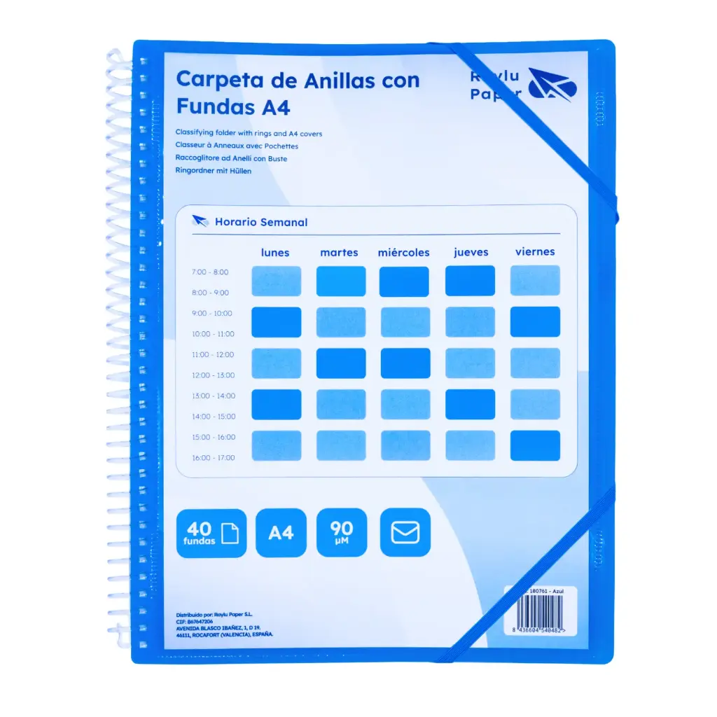 CARPETA PP RAYLU PAPER ESPIRAL 40 FUNDAS A4 AZUL PORTADA PERSONALIZABLE
