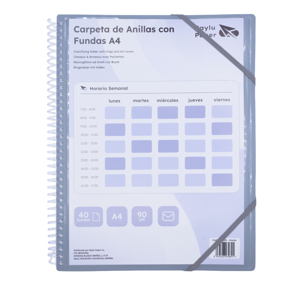 CARPETA PP RAYLU PAPER ESPIRAL 40 FUNDAS A4 HUMO PORTADA PERSONALIZABLE