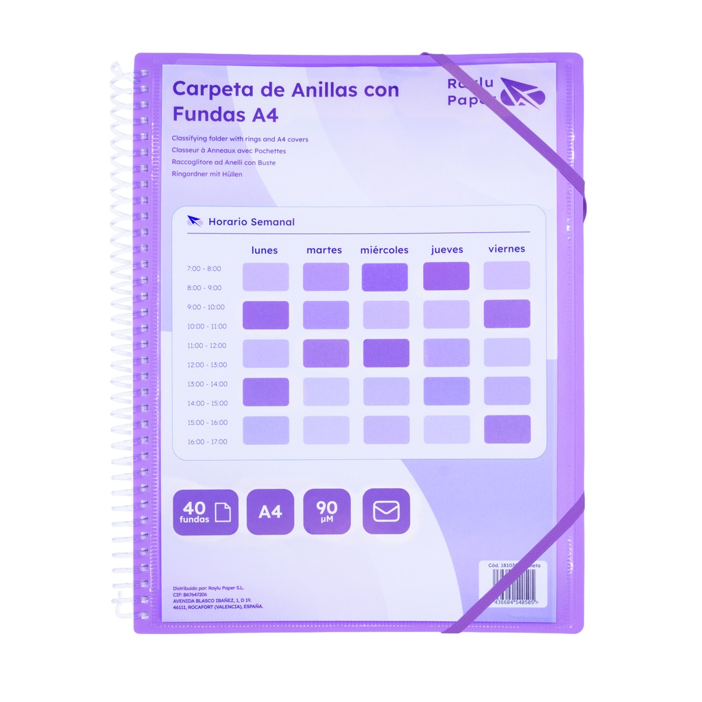CARPETA PP RAYLU PAPER ESPIRAL 40 FUNDAS A4 VIOLETA PORTADA PERSONALIZABLE