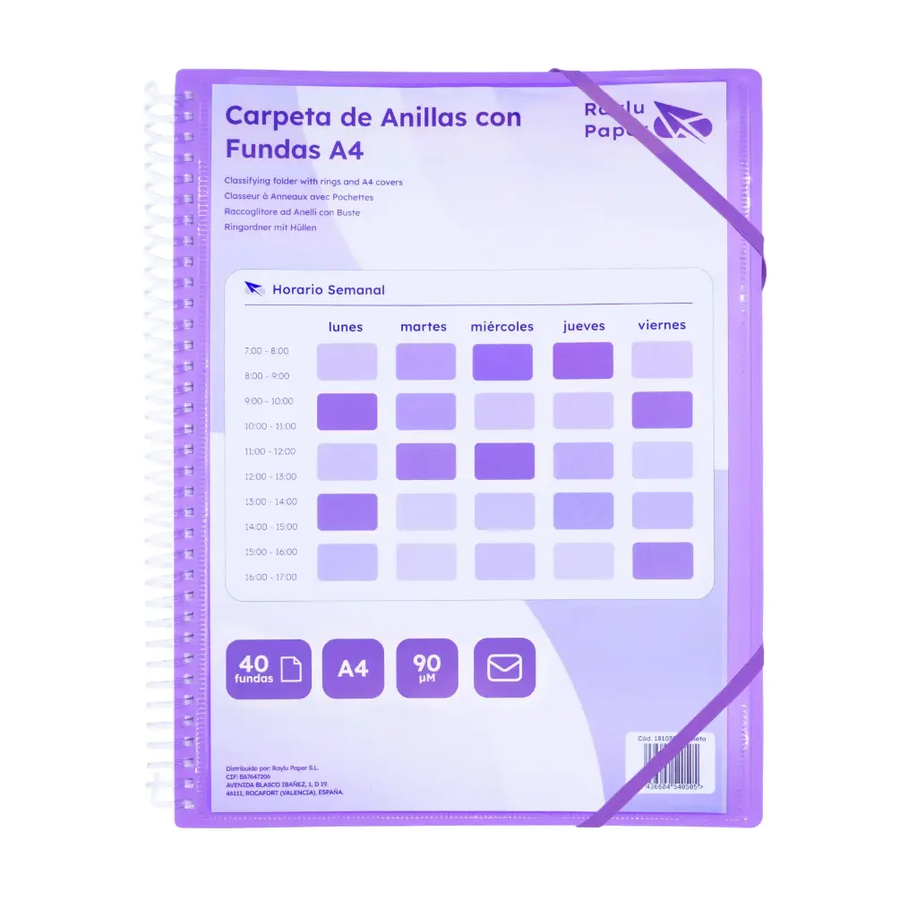 CARPETA PP RAYLU PAPER ESPIRAL 40 FUNDAS A4 VIOLETA PORTADA PERSONALIZABLE