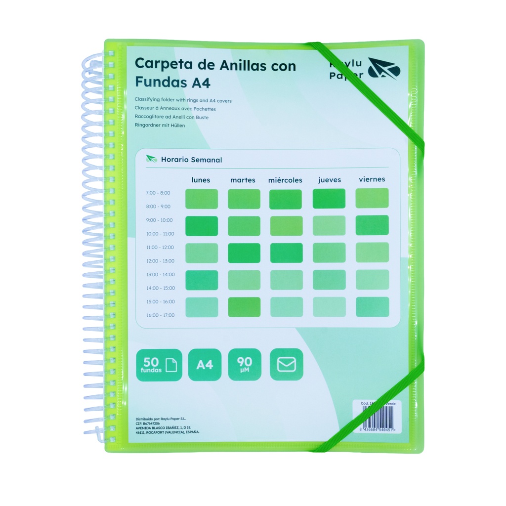 CARPETA PP RAYLU PAPER ESPIRAL 50 FUNDAS A4 VERDE PORTADA PERSONALIZABLE