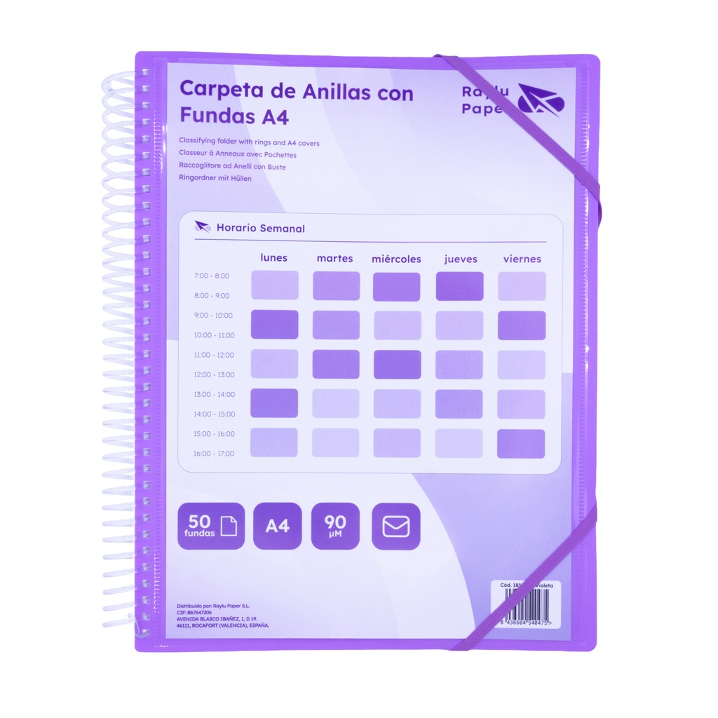CARPETA PP RAYLU PAPER ESPIRAL 50 FUNDAS A4 VIOLETA PORTADA PERSONALIZABLE