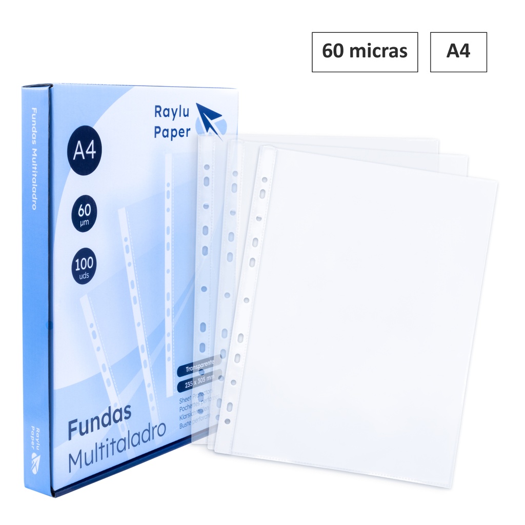 FUNDAS MULTITALADRO A4 60 MICRAS (100 UNIDADES, TRANSPARENTE CRISTAL) RAYLU