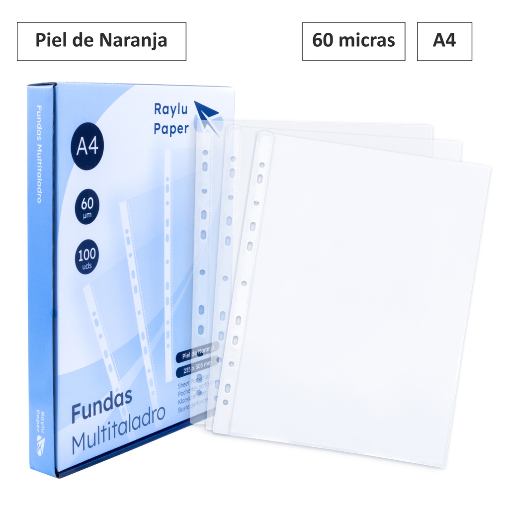 FUNDAS MULTITALADRO PIEL NARANJA A4 60 MICRAS (100 UNIDADES, TRANSPARENTE CRISTAL) RAYLU
