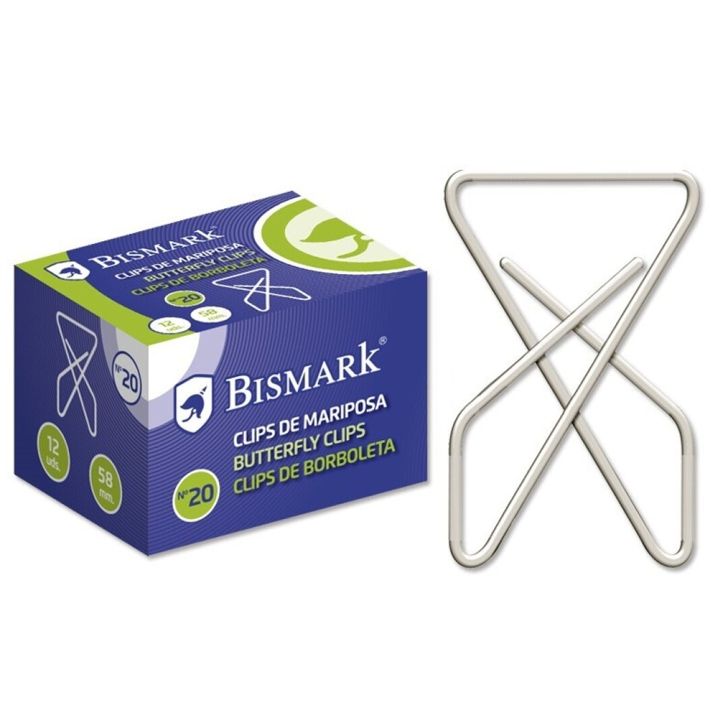 CLIPS DE MARIPOSA BISMARK Nº 20 (58 MM) – NIQUELADOS, BLÍSTER 12 UDS.