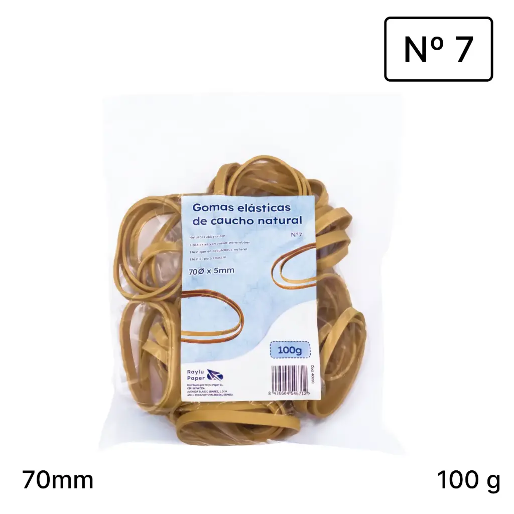 BANDAS ELASTICAS CAUCHO RAYLU  Nº7 70X5MM BOLSA 100 GRAMOS