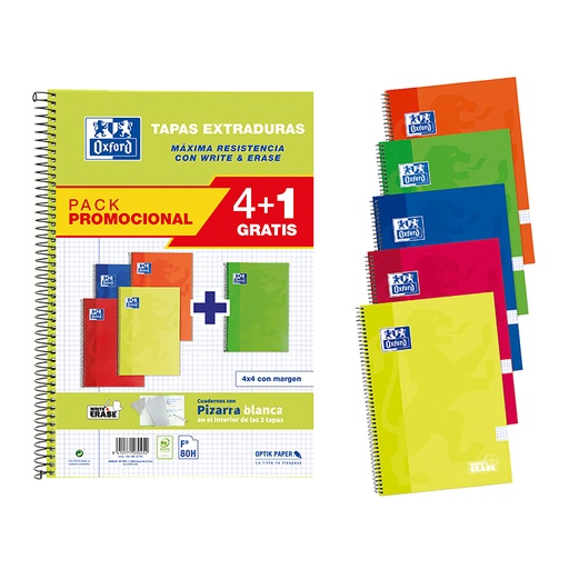 [029138] BLOC OXFORD FOLIO ESPIRAL CUADRÍCULA 4 MM – 80 HOJAS, TAPA EXTRADURA, PACK 4+1, 215×310 MM (COLORES BASICOS)