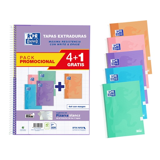 [029673] BLOC OXFORD FOLIO ESPIRAL CUADRÍCULA 4 MM 80 HOJAS TAPA EXTRADURA PACK 4+1