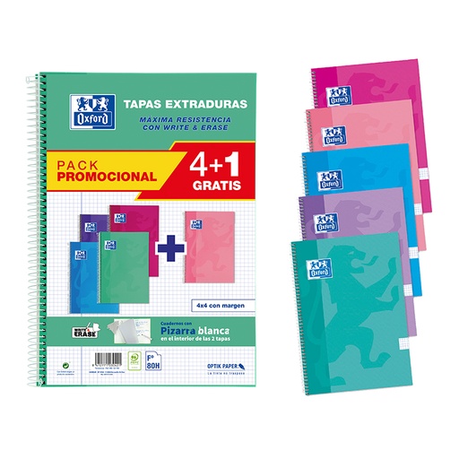 [002343] BLOC OXFORD FOLIO ESPIRAL CUADRÍCULA 4 MM – 80 HOJAS, TAPA EXTRADURA, PACK 4+1, 215×310 MM (COLORES VIVOS)