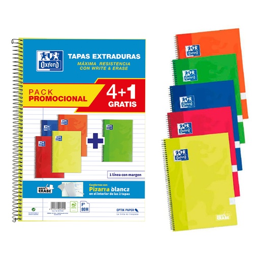 [002772] BLOC OXFORD FOLIO ESPIRAL HORIZONTAL – 80 HOJAS, TAPA EXTRADURA, PACK 4+1, 215×310 MM (COLORES BASICOS)
