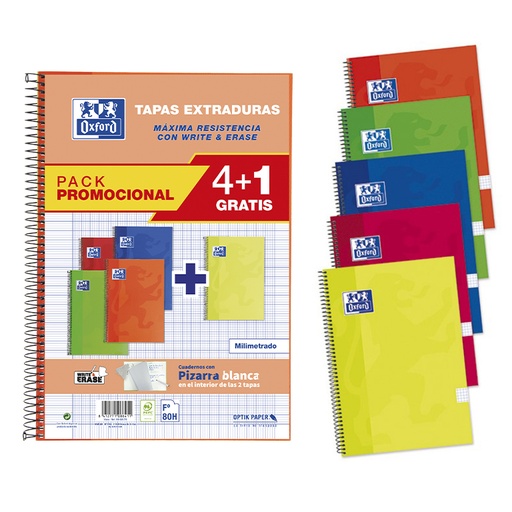 [029139] BLOC OXFORD FOLIO ESPIRAL MILIMETRADO – 80 HOJAS, TAPA EXTRADURA, PACK 4+1, 215×310 MM (COLORES BASICOS)