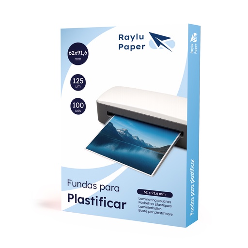 [220198] RAYLU PAPER – PACK DE 100 FUNDAS PARA PLASTIFICAR 62x91 125 MICRAS, TRANSPARENTES, ACABADO BRILLANTE