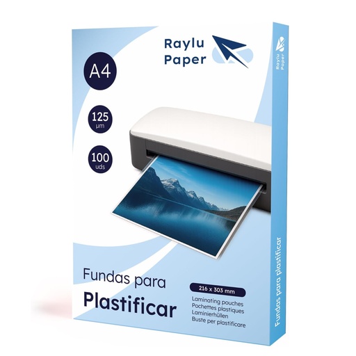 [220417] RAYLU PAPER – PACK DE 100 FUNDAS PARA PLASTIFICAR A4 125 MICRAS TRANSPARENTES ACABADO BRILLANTE