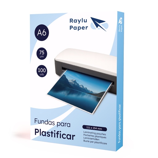 [220538] RAYLU PAPER – PACK DE 100 FUNDAS PARA PLASTIFICAR A6 75 MICRAS, TRANSPARENTES, ACABADO BRILLANTE