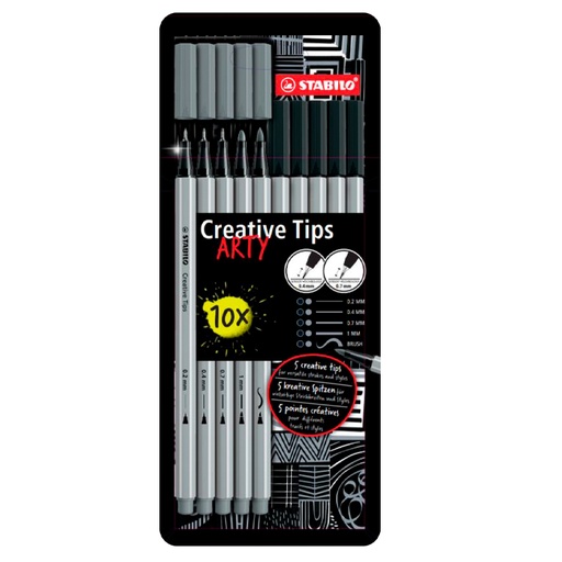 [119661] ROTULADOR STABILO CREATIVE TIPS – ESTUCHE 10 ROTULADORES – NEGRO Y GRIS – PUNTAS 0,2 / 0,4 / 0,7 / 1,0 MM Y PINCEL