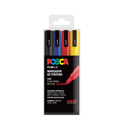 [122032] ROTULADOR UNI POSCA PC-3M/4C MARCADOR DE PINTURA PUNTA CÓNICA 0,9–1,3 MM ESTUCHE 4 COLORES BÁSICOS