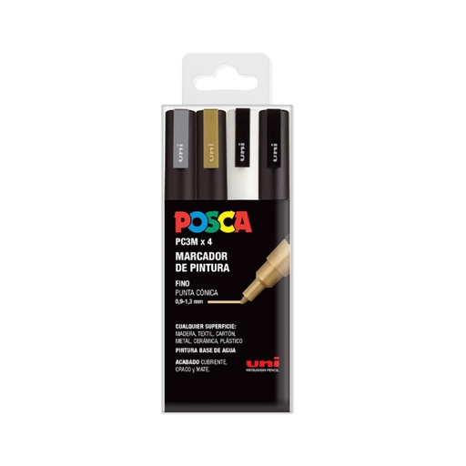 [122033] ROTULADOR UNI POSCA PC-3M/4C MARCADOR DE PINTURA PUNTA CÓNICA 0,9–1,3 MM ESTUCHE GSWB 4 COLORES