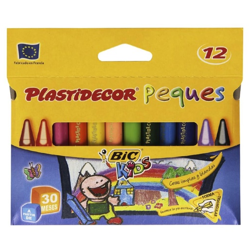 [630176] CERAS PEQUES TRIANGULAR BIC PLASTIDECOR — ESTUCHE 12 COLORES · CUERPO TRIANGULAR 9 CM · 30M+ · LIMPIAS Y RESISTENTES