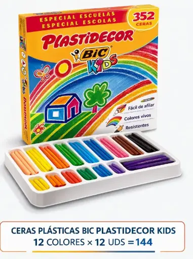 [649805] CERAS PLÁSTICAS BIC PLASTIDECOR KIDS 12 COLORES × 12 UDS = 144 
