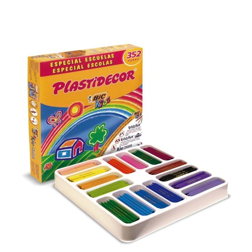 [649818] CERAS PLÁSTICAS BIC PLASTIDECOR KIDS — PACK ESCOLAR 16 COLORES × 22 UDS = 352 · LIMPIAS Y RESISTENTES · NO ENSUCIAN · BORRABLES Y AFILABLES