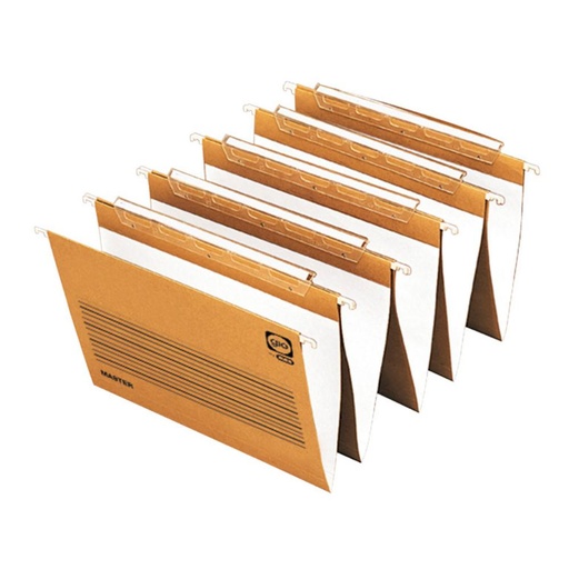 [180033] CARPETA COLGANTE FOLIO GIO MASTER LOMO V · KRAFT BICOLOR 250 g · VISOR SUPERIOR LARGO · VARILLA METÁLICA · PACK 25 UDS