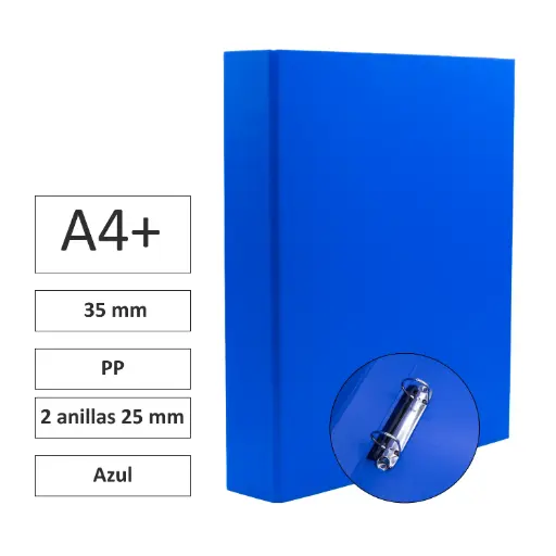 [180767] CARPETA RAYLU PAPER FOLIO 2 ANILLAS 25 MM AZUL · CARTÓN FORRADO PP · LOMO 35 MM · A4+ · ACABADO RESISTENTE