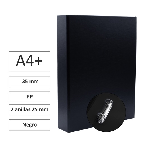 [180764] CARPETA RAYLU PAPER FOLIO 2 ANILLAS 25 MM NEGRO CARTÓN FORRADO PP 