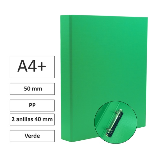 [180782] CARPETA RAYLU PAPER FOLIO 2 ANILLAS 40 MM VERDE  · CARTÓN FORRADO PP · LOMO 50 MM · A4+ · ACABADO RESISTENTE